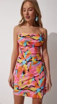 Women's Pink Orange Floral Ruffle Collar Mini Sandy Knitted Dress